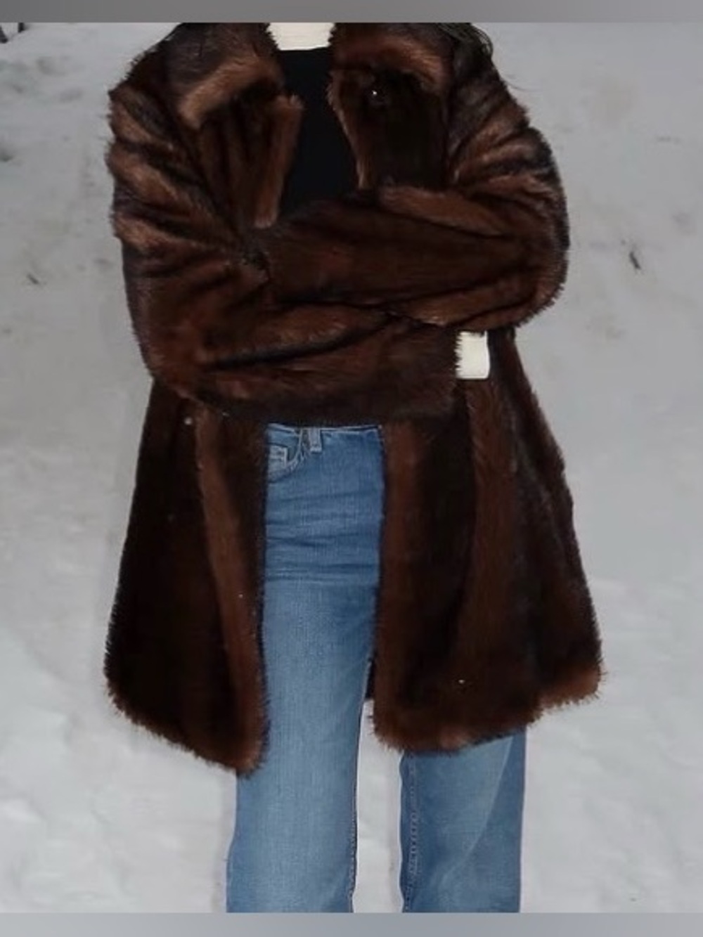 Mango mobwife aesthetic faux fur coat with oversized collar in chocolate